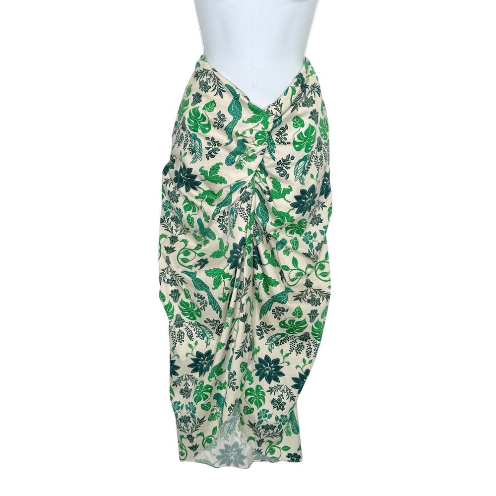 Andres Otalora Green Midi Skirt 8 Tropical Botanical Bird Print Gathered front